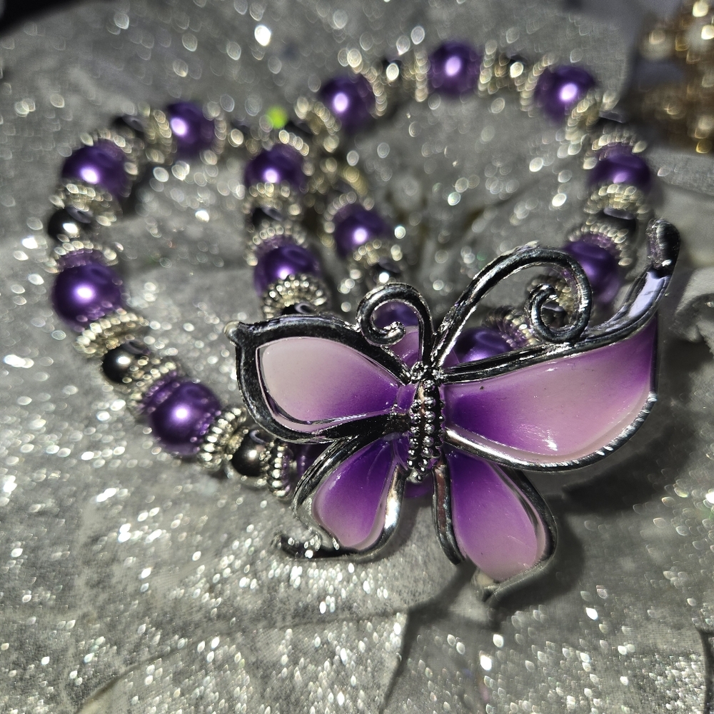 Fashion Jewelry I Butterfly Double Bracelet I Faux Purple Pearl I Expandable